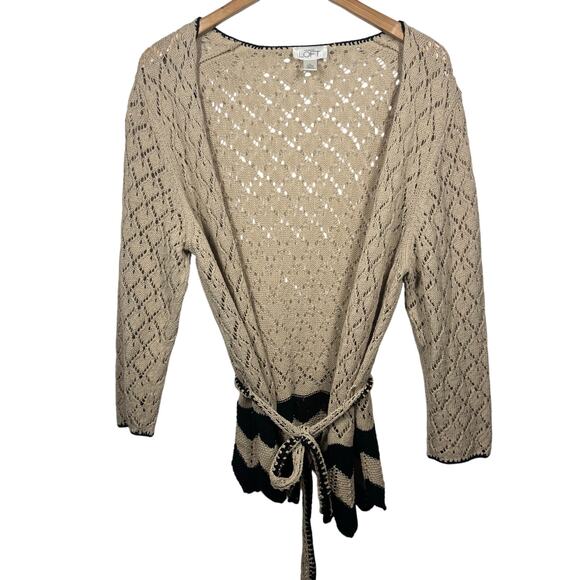 Loft Cardigan Women XL Beige Black Lace Crochet Tie Waist Topper Sweater Boho - Picture 1 of 10